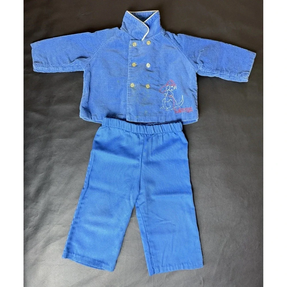 Vintage 70s Corduroy Baby Set Blue Jacket Pants Kangaroo Firefighter USA 18M